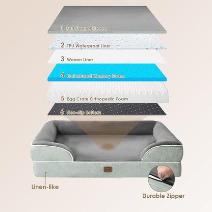 EHEYCIGA Orthopedic Dog Beds for Large Dogs, Waterproof Memory Foam Large Dog Bed with Sides, Non-Slip Bottom and Egg-Crate Foam Large Dog Couch Bed with Washable Removable Cover, Greyish Green