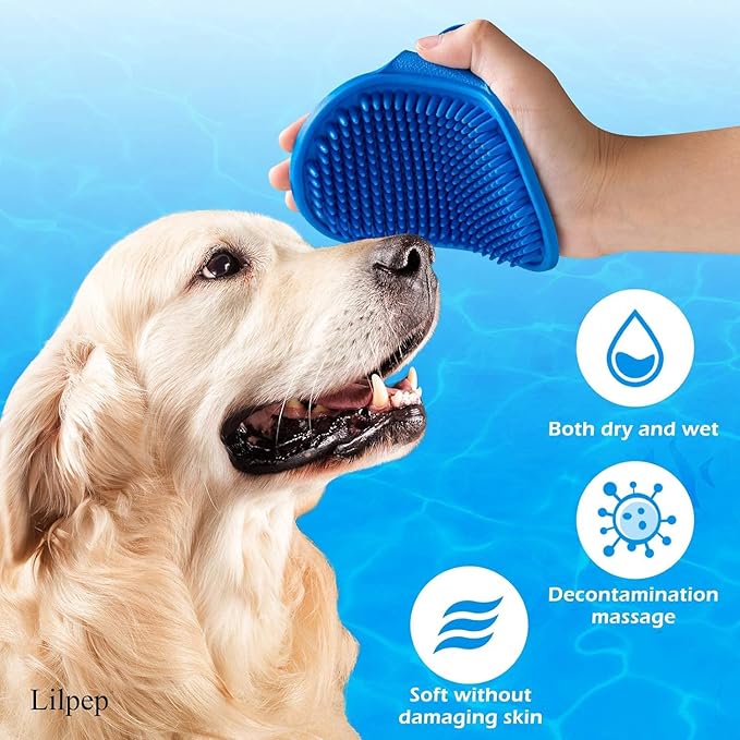 2 PCS Dog Bath Brush Dog Grooming Brush, Lilpep Pet Shampoo Bath Brush Soothing Massage Rubber Comb with Adjustable Ring Handle for Long Short Haired Dogs and Cats