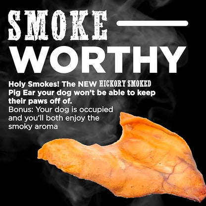 Best Bully Sticks Hickory Smoked 100% Natural Whole Pig Ears for Dogs 12 Pack - USA Smoked No Additives Pork Dog Treats - for Small or Large Dogs
