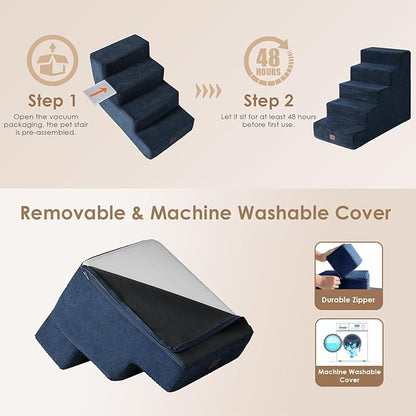 EHEYCIGA Dog Stairs for High Bed 22.5”H, 5-Step Dog Steps for Bed, Pet Steps for Small Dogs and Cats, Non-Slip Balanced Dog Indoor Ramp, Navy Blue