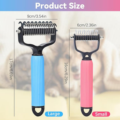 2PCS Pet Safe Dematting Comb for Dogs - Double Sided Dematting,Upgraded Pet Safe Dematting Comb for Dogs Cats, Deshedding Dog Brush Cat Dematting Tool,Dog Hair Mat Remover(Blue-Large + Pink-Small)