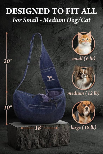 Noah & Paw Dog Sling Carrier for Small Dogs 5-18lb, Dog Sling for Small Dogs and Cats, Dog Carrier with Adjustable Padded Strap, Vegan Denim Lined with Fur, 3X Safety Features, Machine Washable