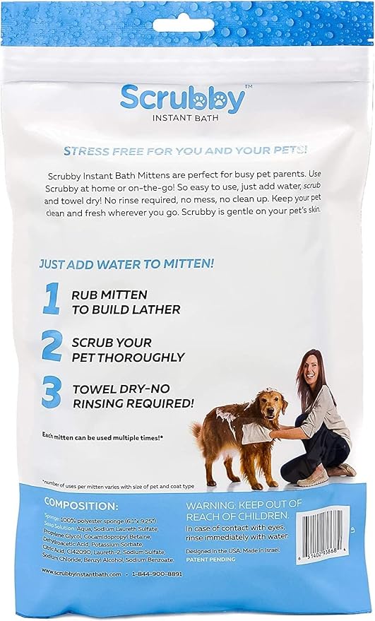 No Rinse Pet Wipes, Rinse Free Shampoo Mittens for Dogs and Cats, Bath Wipes for Bathing and Washing Pets, Hypoallergenic No Rinse Wash Mitt for Grooming, Lather Wipe Dry - 20 Pack