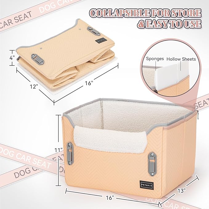 PETSFIT Cat Car Seat, Waterproof PU Leather Dog Booster Car Seat with Patented Safe Buckles, Clip-On Leash, Pet Travel Carrier Bed for Small Pets Up to 25lbs (Orange)