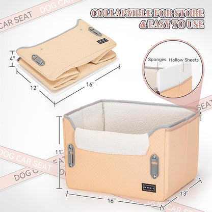 PETSFIT Cat Car Seat, Waterproof PU Leather Dog Booster Car Seat with Patented Safe Buckles, Clip-On Leash, Pet Travel Carrier Bed for Small Pets Up to 25lbs (Orange)