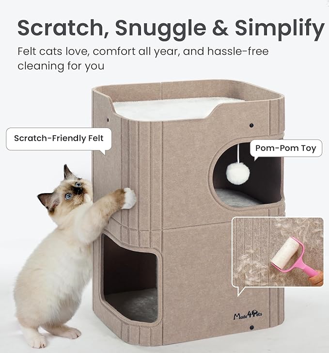 Made4Pets Cat House for Indoor Use, 2-Storey Cube Bed Cave, Covered Hideaway Condo with Scratch-Resistant Felt, Foldable Easy-to-Clean Design for Multi-Cat Homes, Beige