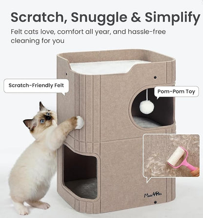 Made4Pets Cat House for Indoor Use, 2-Storey Cube Bed Cave, Covered Hideaway Condo with Scratch-Resistant Felt, Foldable Easy-to-Clean Design for Multi-Cat Homes, Beige