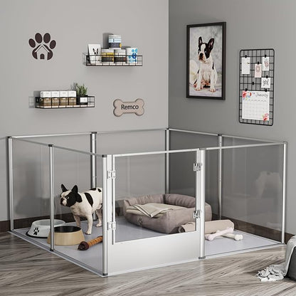 Dog Clear Playpen Fence Kennel: Pet Indoor Heavy Duty Whelping Box Pen Cage with Waterproof whelping pad - Small Animal Acrylic Exercise Kennel Pen with Metal Frame for Cats Puppy Rabbits Guinea Pig