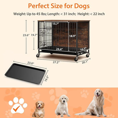 2024 Dog Crate Furniture, 38.6" Double-Doors Dogs Kennel Indoor with Removable Tray and Wheels, Wooden Dog Crates for Large Dogs, Large Dog Crate, Decorative Dog Cage End Table, Rustic Brown
