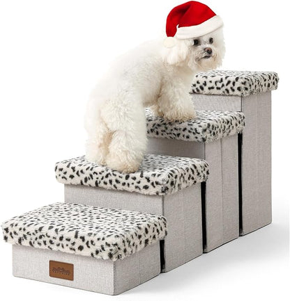 Dog Stair for Small Dogs with Storage, 17.7" H Foldable Pet Step with Soft Leakproof Cover, Older Cat Ramp for Couch Sofa Bed, Lightweight, Comfort, 33x13x17.7 inch, 4 Tiers, Leopard