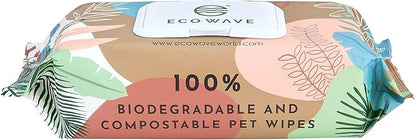 Eco Wave Hypoallergenic Plant-Based Pet Wipes, Dog and Cat Grooming Wipes for Face, Ears, Body, Butt, and Paws, Fragrance Free, Compostable, 100 Count