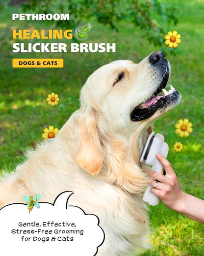[PETHROOM] Healing Slicker Brush | Pet Brush | Dogs & Cats | Goldendoodle Brush | Coated Tips for Gentle Grooming | Dog Brush for Shedding | Long-Haired or Curly-Haired Dogs, White & Yellow