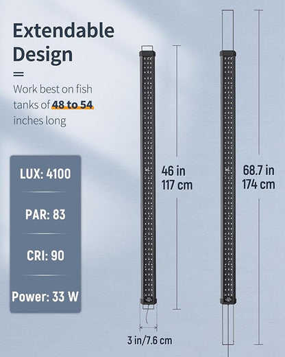 Pawfly 33W Aquarium LED Light for 48 to 54 Inch Extendable Fish Tank Light with Full Spectrum Brilliant White Blue Red Lights with Daytime & Night Modes Timer Auto On/Off Adjustable Brightness