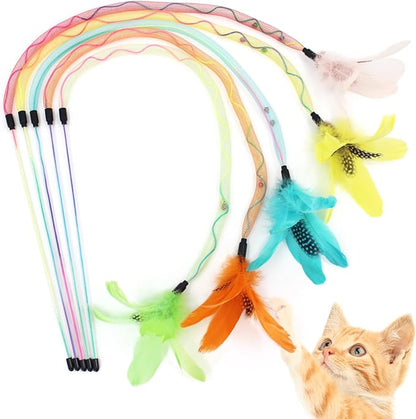 SONGWAY Cat Rainbow Wand Toy - Rainbow Cat Feather Toys with Bells, Colorful Mesh Teaser Wand with Feather Tail, Interactive Toys for Indoor Cats Kittens, Light Color