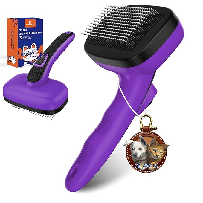 Dog Self Cleaning Slicker Brush for Shedding, Ideal for Short Long Haired Dogs, Including Cat. Removes Loose Fur, Undercoat, Mats, Tangled Hair. Suit for Large Medium Small Animal, Purple