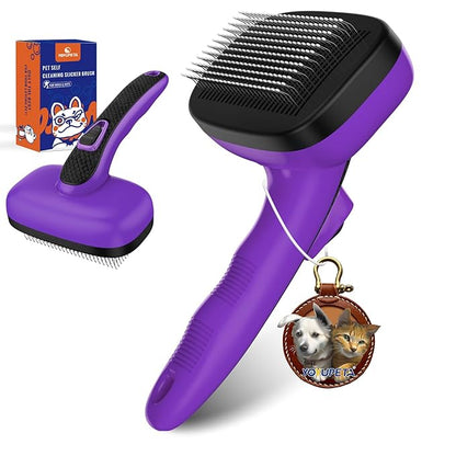 Dog Self Cleaning Slicker Brush for Shedding, Ideal for Short Long Haired Dogs, Including Cat. Removes Loose Fur, Undercoat, Mats, Tangled Hair. Suit for Large Medium Small Animal, Purple