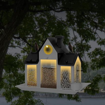 Solar Bird Feeders House for Outdoors Hanging, 7LBS Large Capacity Metal Wild Bird Feeder Squirrel Proof for Outside with Water Cup, Cardinal Birdfeeder Birdhouses Gift for Bird Lovers