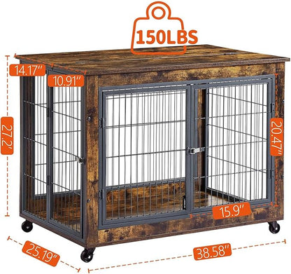 Dog Crate Furniture Dog Kennel for Home Indoor Use Furniture Dog Crate with Double Doors for Medium Large Dog 38.58" W x 25.2" D x 27.17" H Rustic Brown