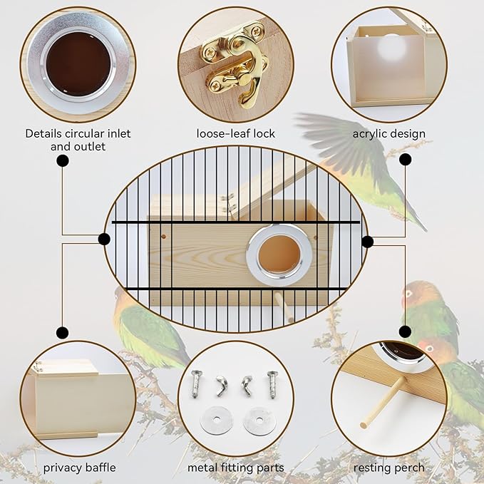 Acrylic Bird Nesting Box,Transparent Parakeet Nesting Box with Perch Natural Wood Cockatiel House for Cage Handcrafted Visible Budgie Breeding Home for Parrots Finches Conures Small Birds