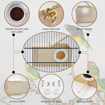 Acrylic Bird Nesting Box,Transparent Parakeet Nesting Box with Perch Natural Wood Cockatiel House for Cage Handcrafted Visible Budgie Breeding Home for Parrots Finches Conures Small Birds