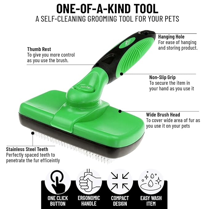 Self Cleaning Slicker Brush for Cat and Dog Coat - Detangler Dog Brush for Shedding & Grooming - Super Easy to Clean Deshedding Grooming Tool Removes Loose Pet Hair, Mats and Tangles (Green)
