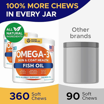 Omega 3 Fish Oil for Dogs (360Ct) - Skin&Coat Chews - Dry & Itchy Skin Relief + Allergy Support - Shiny Coat - EPA&DHA Fatty Acids - Salmon Oil Chews Promotes Heart, Hip & Joint Support