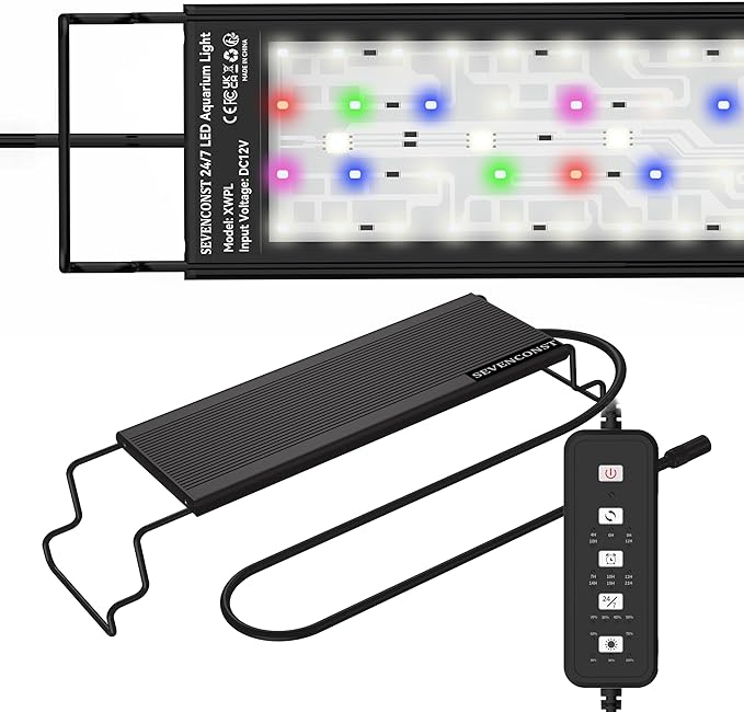 LED Aquarium Light, 24/7 Mode IP68 for Plants-Full Spectrum Fish Tank Light, 12-18 Inch, Sunrise-Daylight-Moonlight, White Blue Red Green Pink LEDs with Extendable Brackets for Freshwater