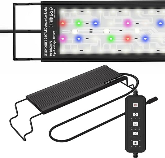 LED Aquarium Light, 24/7 Mode IP68 for Plants-Full Spectrum Fish Tank Light, 12-18 Inch, Sunrise-Daylight-Moonlight, White Blue Red Green Pink LEDs with Extendable Brackets for Freshwater