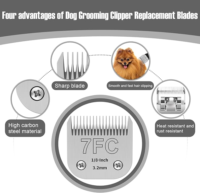 7FC Detachable Pet Clipper Replacement Blades Compatible with Andis/Oster A5/Wahl KM10 Series Dog Clipper,Made of Ceramic Blade & Stainless Steel Blade,Size 7FC Cut Length 1/8-Inchï¼2 Packï¼