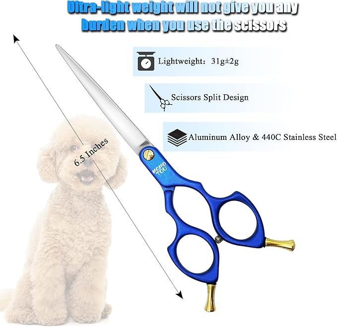 6.5'' Small Blue Straight Dog Grooming Scissors Professional Trimming Shears with Ultra-Lightweight Offset Handle 440C Stainless Steel Pet Scissors for Face and Paws