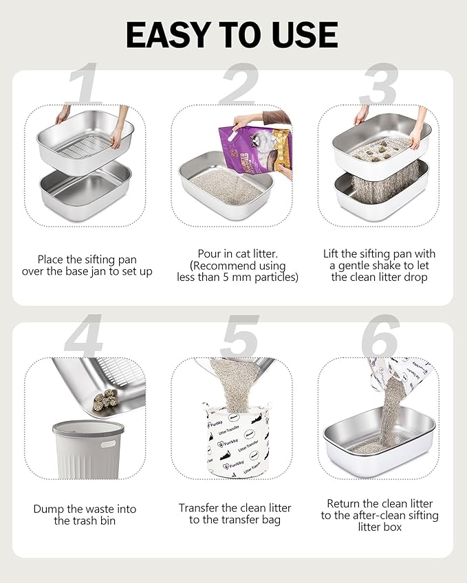 Stainless Steel Sifting Litter Box with Lid, Metal Litter Pan with Scoop for Big Cats Multi Cat, Extra Large Cats Litterbox Odor Control Easy Clean (22.8 * 16.1 * 6.5inch-Without Enclosure, X-Large)