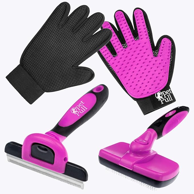 Complete Professional Pet Grooming Kit with Pet Hair Removal Tool Brush Gloves, Self Cleaning Slicker Brush, and Pro Grooming Dog Brush Deshedder Comb to Reduce Shedding (Pink)
