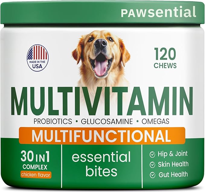 Dog Vitamins + Glucosamine - Chewable Multivitamins + Probiotics, Omega - Hip & Joint Support, Skin & Coat, Gut Health - Adult & Senior - Large & Small Breed - 120 Chews