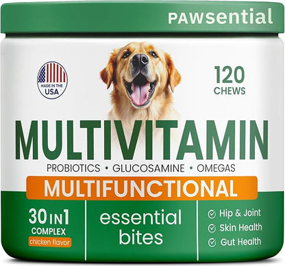 Dog Vitamins + Glucosamine - Chewable Multivitamins + Probiotics, Omega - Hip & Joint Support, Skin & Coat, Gut Health - Adult & Senior - Large & Small Breed - 120 Chews