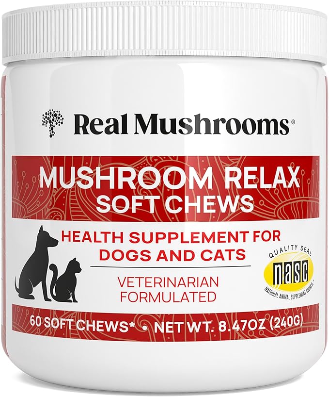 Calming Chews for Dogs & Cats – Soft Chews with Reishi & Lion’s Mane for Daily Composure – for All Breeds & Sizes – Calming Treats for Dogs: 1 Chew/20 lb Daily; Cats: ¼ Chew Twice Daily – 60 Count