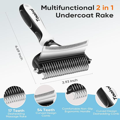 2-in-1 Dog Grooming Rake Dual Sided Deshedding Tool Undercoat Rake for Long/Short Hair, Gentle Stainless Steel Comb with Ergonomic Handle, Safe Shedding Brush for Dogs & Cats (Medium)