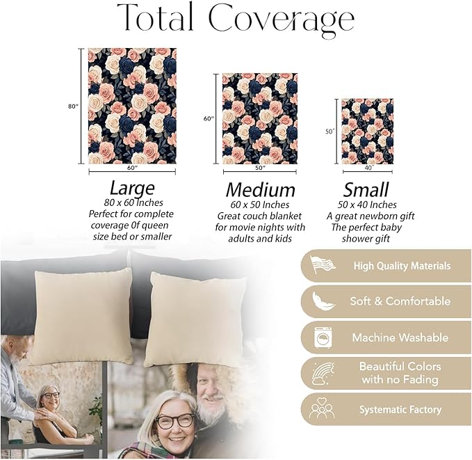 Elegant Rose Blanket, Soft Warm Cozy Sophisticated Floral Throw Blanket Gifts for Adults Kids Women, Lightweight Fuzzy Comfy Flannel Blankets for Couch, Travel, Bed, House Decor 60×50 Inch