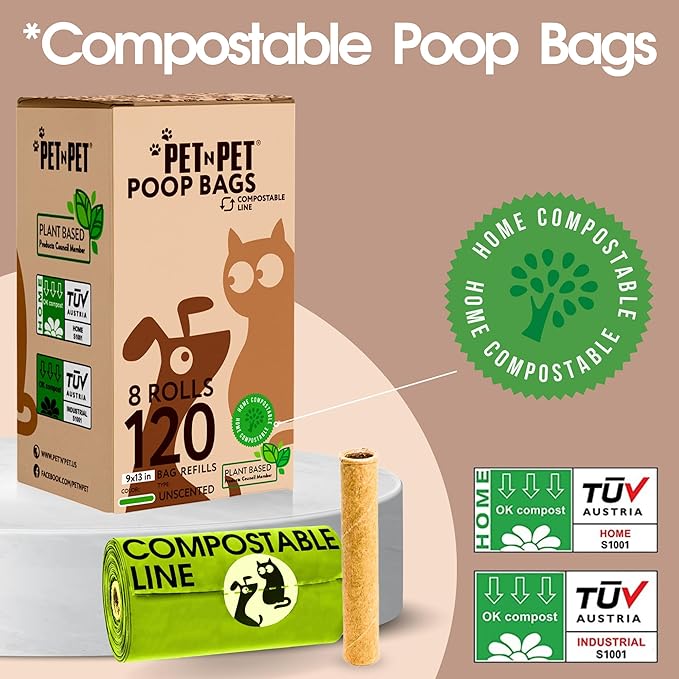 Pet N Pet Poop Bags For Dogs, 120 Counts Dog Poop Bags Rolls + 100% Plant Based Dog Wipes for Paws and Butt, 100 Counts Dog Pet Wipes, 8" x 8" Hypoallergenic Unscented Dog Wipes