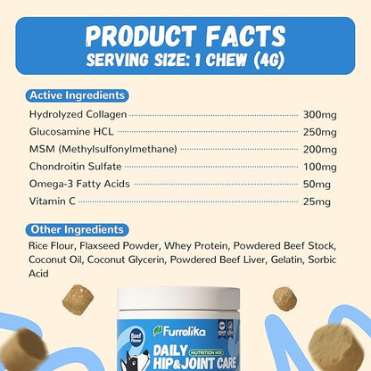 Furrolika Hip and Joint Supplement for Dogs – Made in The USA – Glucosamine, Chondroitin, MSM, Vitamin C – Chewable Joint Support for Mobility & Comfort – Beef Flavor – 60 Soft Chews