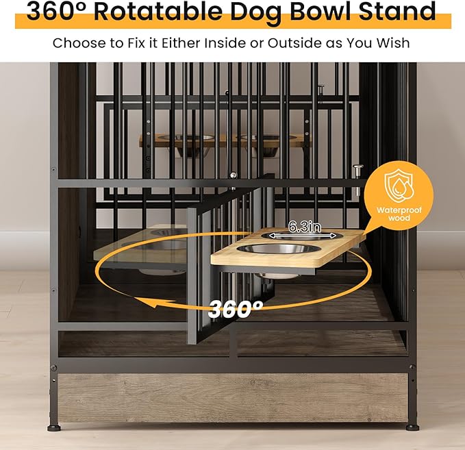 78'' Double Dog Crate Furniture, XL Double Dog Kennel with 360° Rotating and Adjustable Height Dog Bowl Holder (4 Bowls), Grey Furniture Kennel with Divider for Small Medium Large Dogs