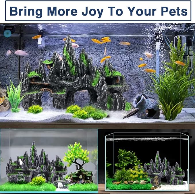 Large Fish Tank Decorations Fish Tank Decor Aquarium Rock Mountain View Aquarium Ornament Tree House Cave Fishtank Rocks for Large Fishtank Glofish Tank Decorations - 13 Inches Long