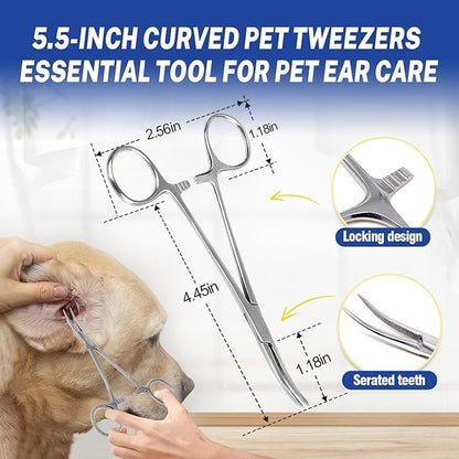 Ear Powder for Dogs Plucking,Dog Ear Infection Treatment with 5.5 Inch Tweezers Curved,Removal Ear Hair Powder,Soothes Itchy Ears & Relieve Scratching