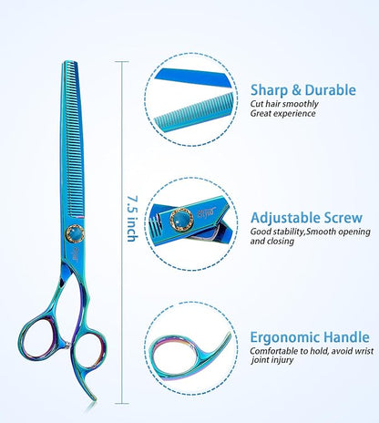 7.5'' Dog Thinning Scissors for Grooming 440C Stainless Steel Green Professional Pet Trimming Scissors Sharp Blades Cutting for Dogs and Cats Shears