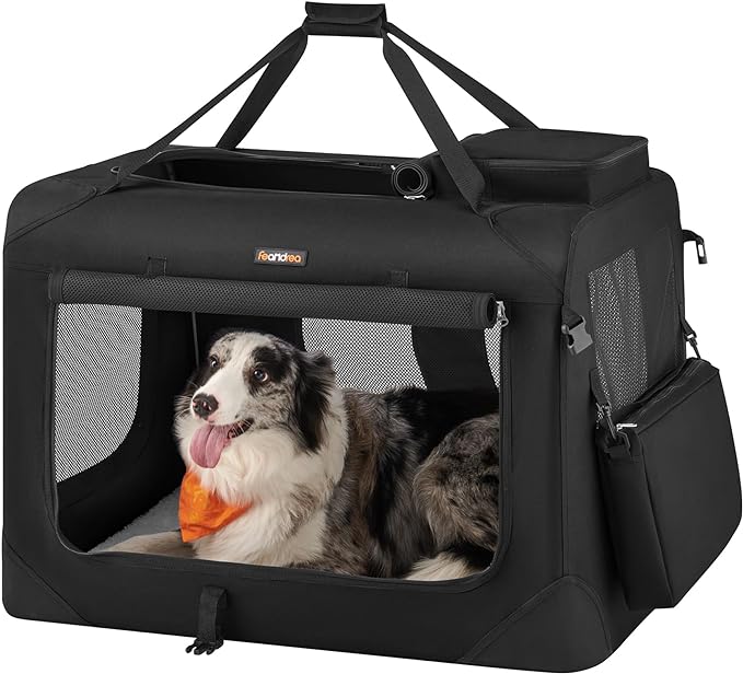 Feandrea 32 Inches Collapsible Soft Dog Crate, Portable Travel Dog Crate for Indoor and Outdoor Use, Dog Carrier Kennel with Safety Zippers, for Living Room, Car, Travelling, Camping, Black UPDC80H