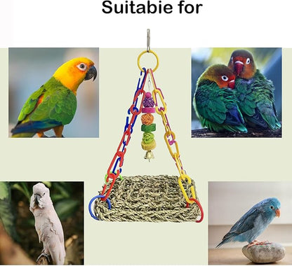 Bird Seagrass Mat,Natural Sea-Weed Woven Parrot Hammock Swing Mats Birds Foraging Wall Colorful Chewing Toy Lovebird Movable Hanging Hammocks Rocking Toys Parakeets Climbing Pad