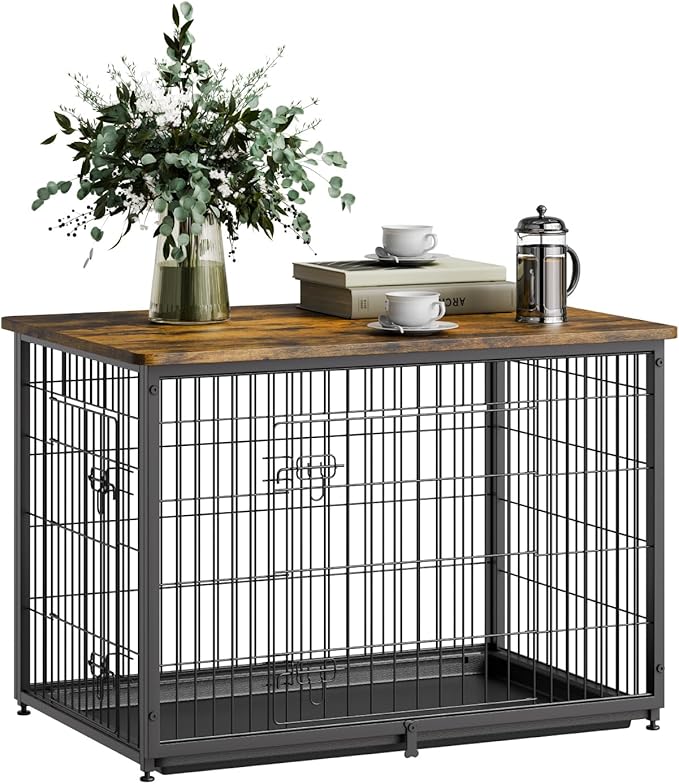 VEVOR 38" Dog Crate Furniture With Double Doors, 2-in-1 Decorative Wooden Kennel End Table, Removable Tray, Holds up to 70 lbs for Small, Medium Dogs - Brown