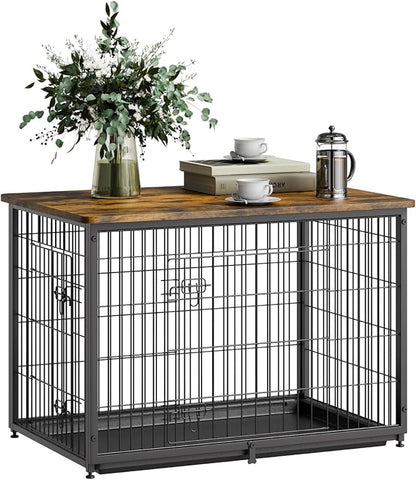 VEVOR 38" Dog Crate Furniture With Double Doors, 2-in-1 Decorative Wooden Kennel End Table, Removable Tray, Holds up to 70 lbs for Small, Medium Dogs - Brown