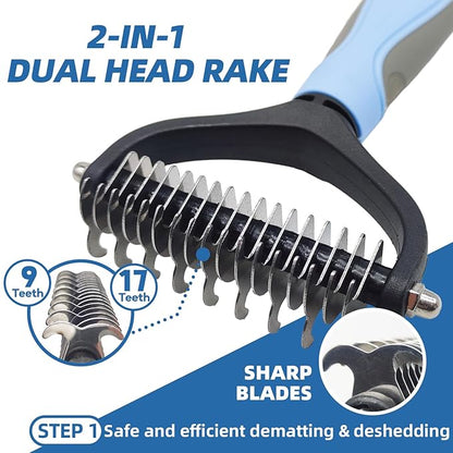 Dog Brush for Shedding, 7 PCS Pet Grooming Kit including Dog Grooming Brush, Deshedding Tool, Dematting Comb, Nail Clipper, Bath Brush for Long & Short Haired Dogs, Cats - Blue