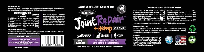 Finest For Pets Joint Repair Hip and Joint Chews for Dogs Glucosamine, Chondroitin, MSM, Hemp, Omega 3 & Turmeric for Dog Joint Support, Mobility & Pain Relief - (120 Chicken Chews, Made in USA)
