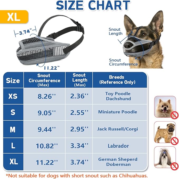 Dog Muzzle for Large Medium Small Dogs, Soft Mesh Muzzle for Dogs with Reflective Adjustable Strap, Prevent Biting Chewing and Licking, Dog Nose Open Design for Reduction Friction (Grey, XL)